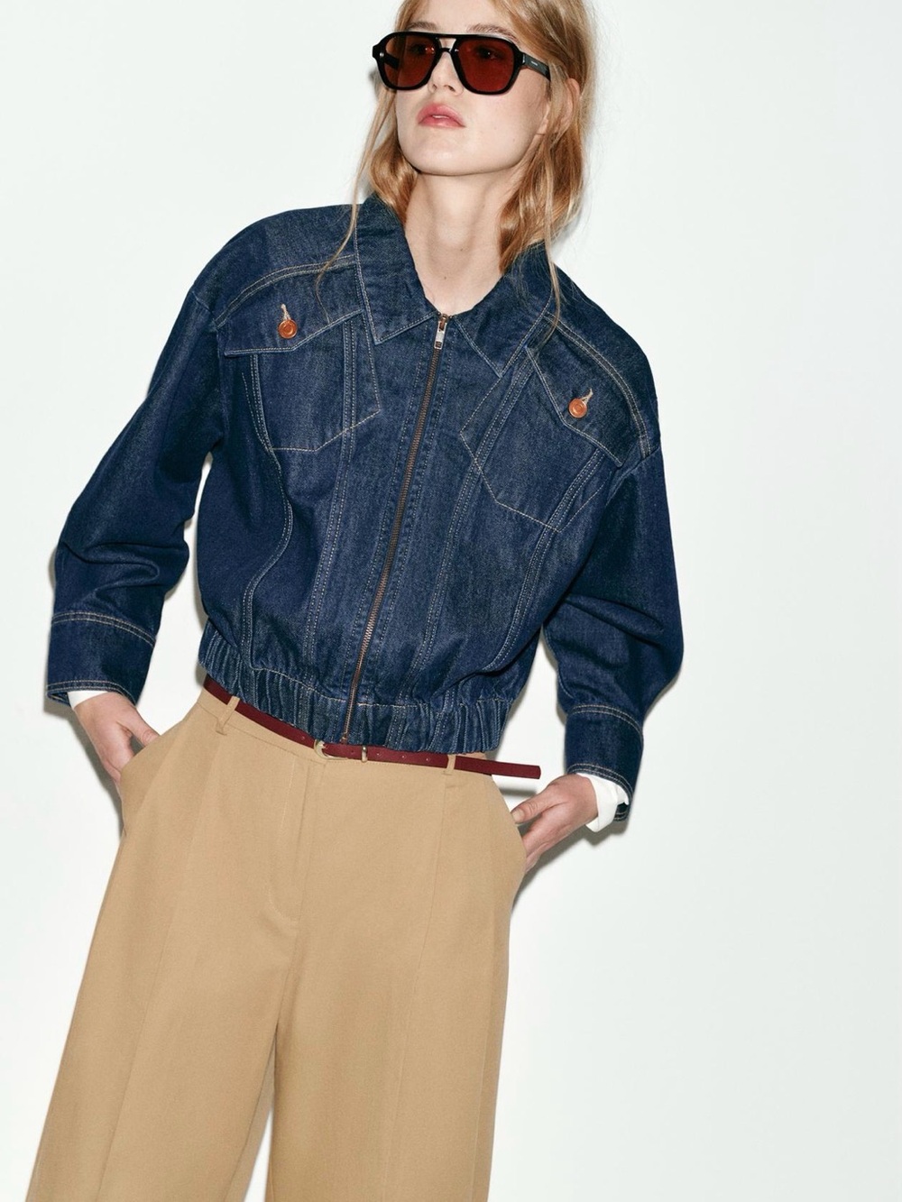 Zara Indigo Cropped Denim Zip Jacket